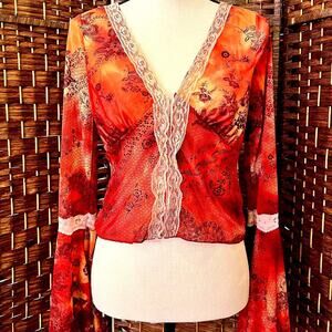 Fairy Whimsy Upcycled Lace V-Neck Flared Sleeve Faux Corset Top